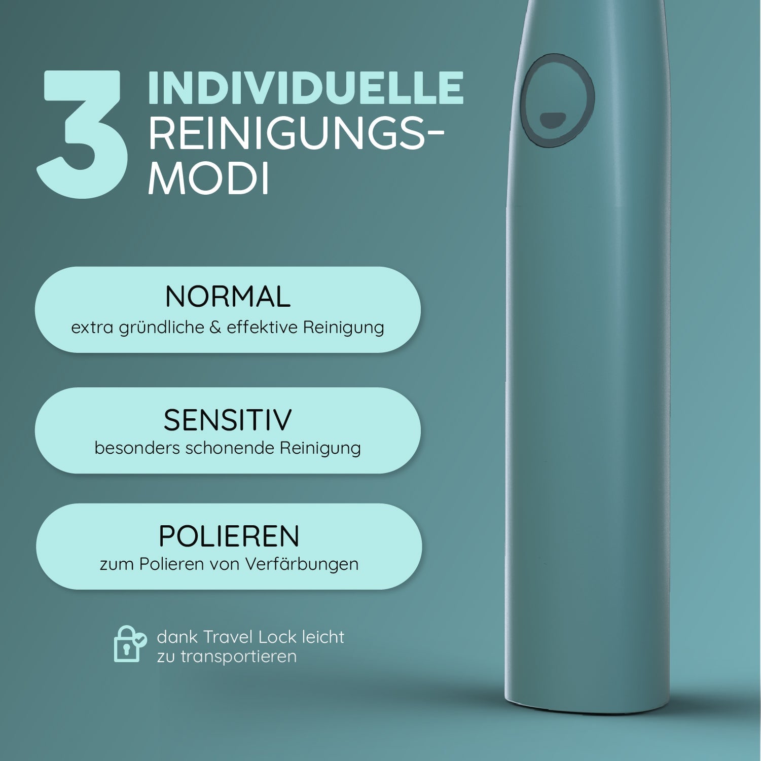 Elektrische Zahnbürste mit Beschreibung der drei Reinigungsmodi: Normal, Sensitiv und Polieren