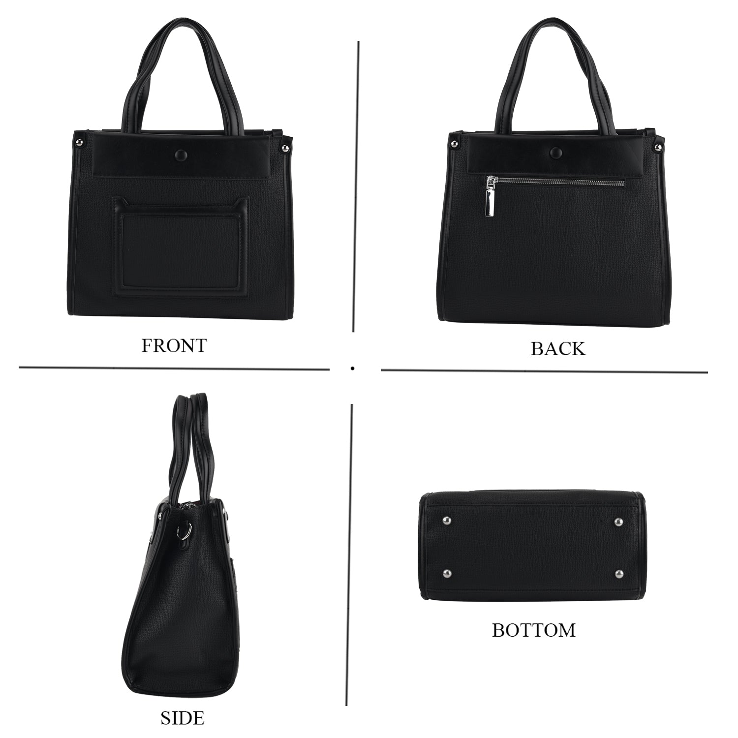 Four views of black tote bag showing front, back, side, and bottom details with handles and pockets