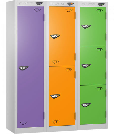 Three-column locker cabinet with purple, orange, and green single and double doors