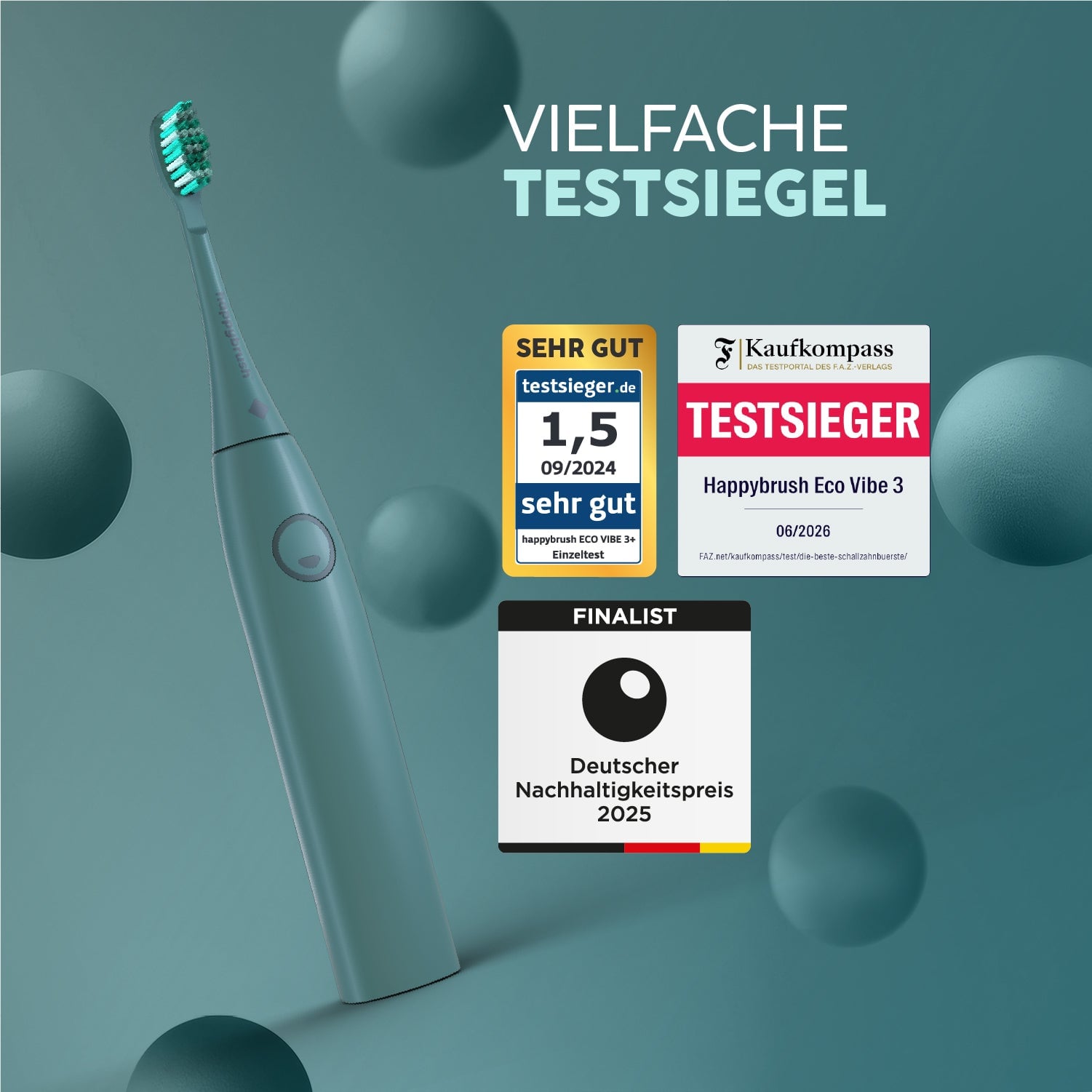 Elektrische Zahnbürste mit Testsiegel-Badges: testsieger.de 1,5 Note und Kaufkompass Testsieger