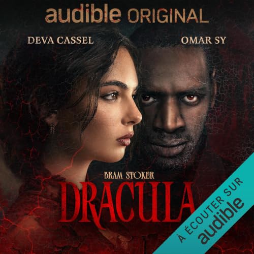 Couverture de l'audiolivre Dracula de Bram Stoker avec visages de deux acteurs sur fond rouge.