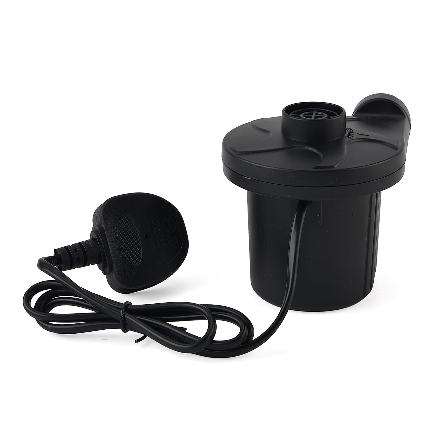 Electric air pump with black cord and three nozzle attachments for inflating items