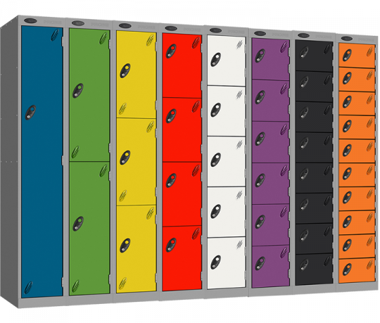 Eight-column locker cabinet with colorful doors in teal, green, yellow, red, white, purple, black, and orange