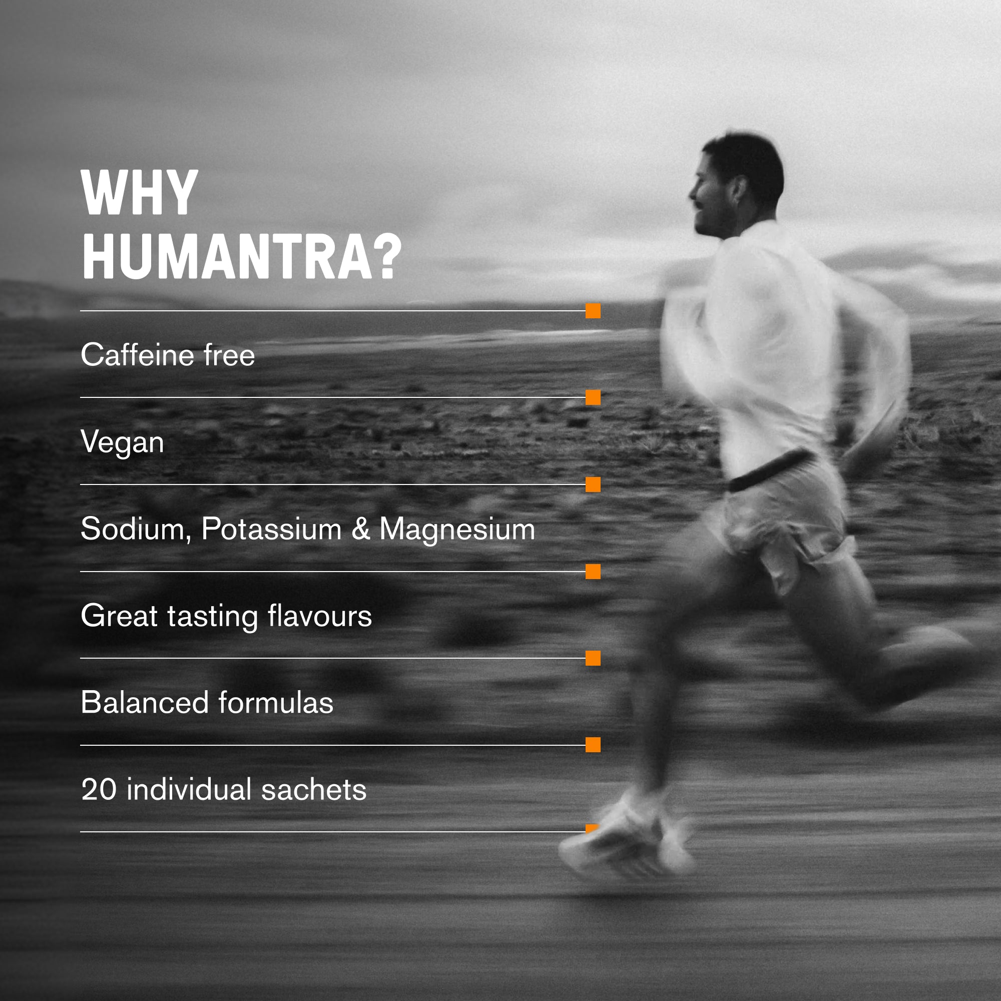 Man running along a beach in black and white with text listing product benefits
