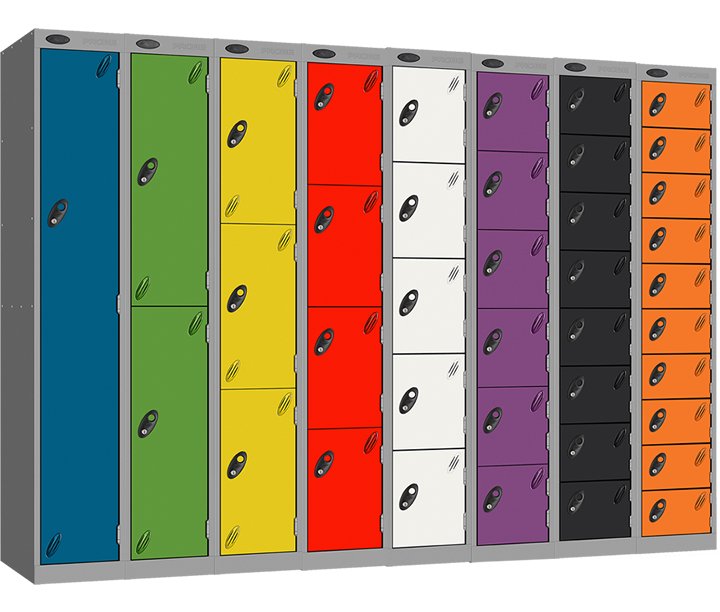 Eight-column tall locker cabinet with colorful doors in teal, green, yellow, red, white, purple, black, and orange