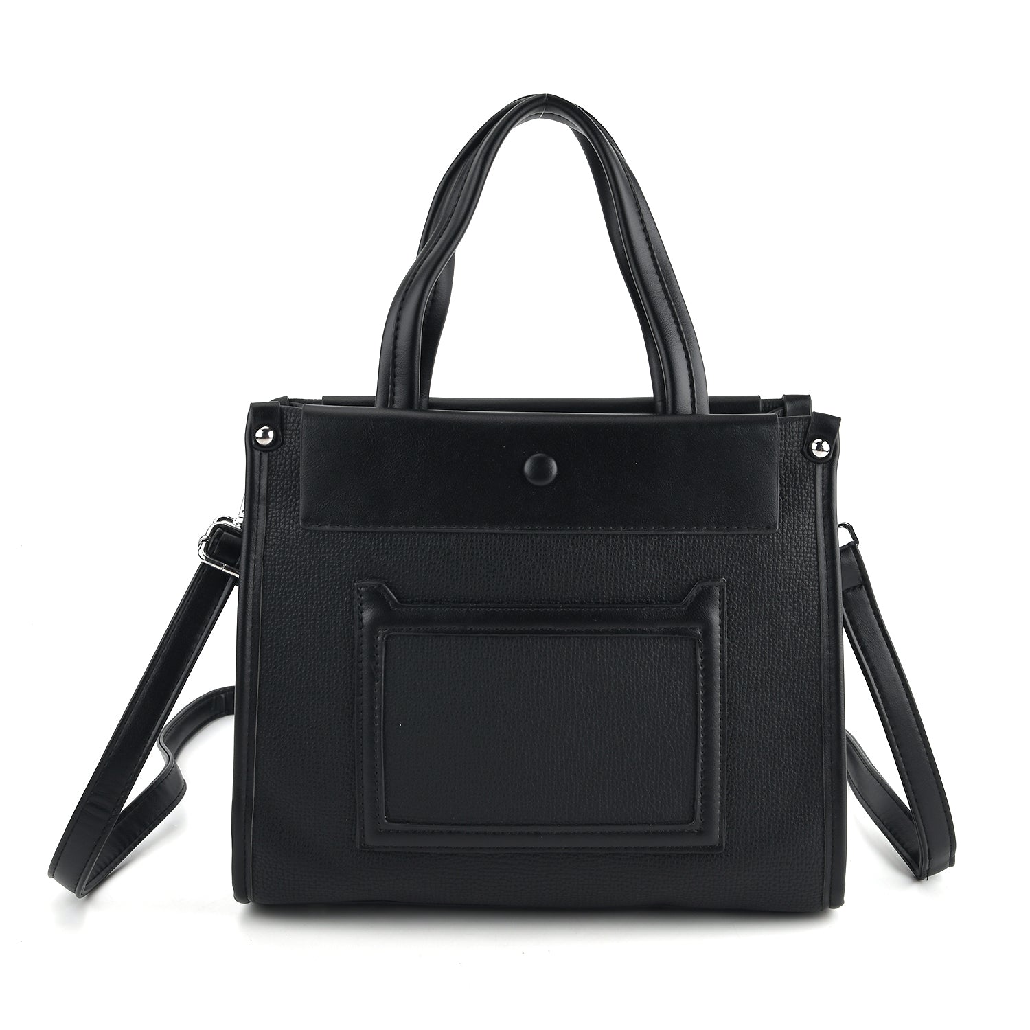 Black textured tote bag with top handles, front pocket, and shoulder strap against white background