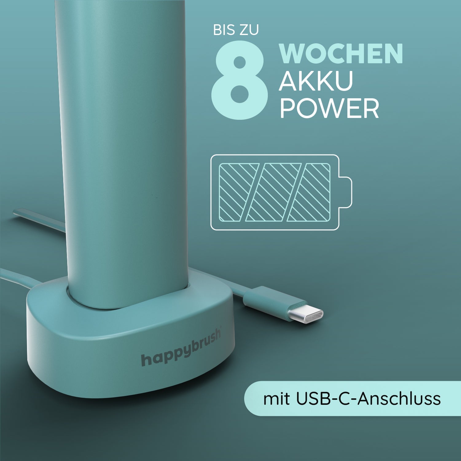 Ladestation einer elektrischen Zahnbürste mit USB-C-Anschluss und 8-Wochen-Akkupower-Symbol